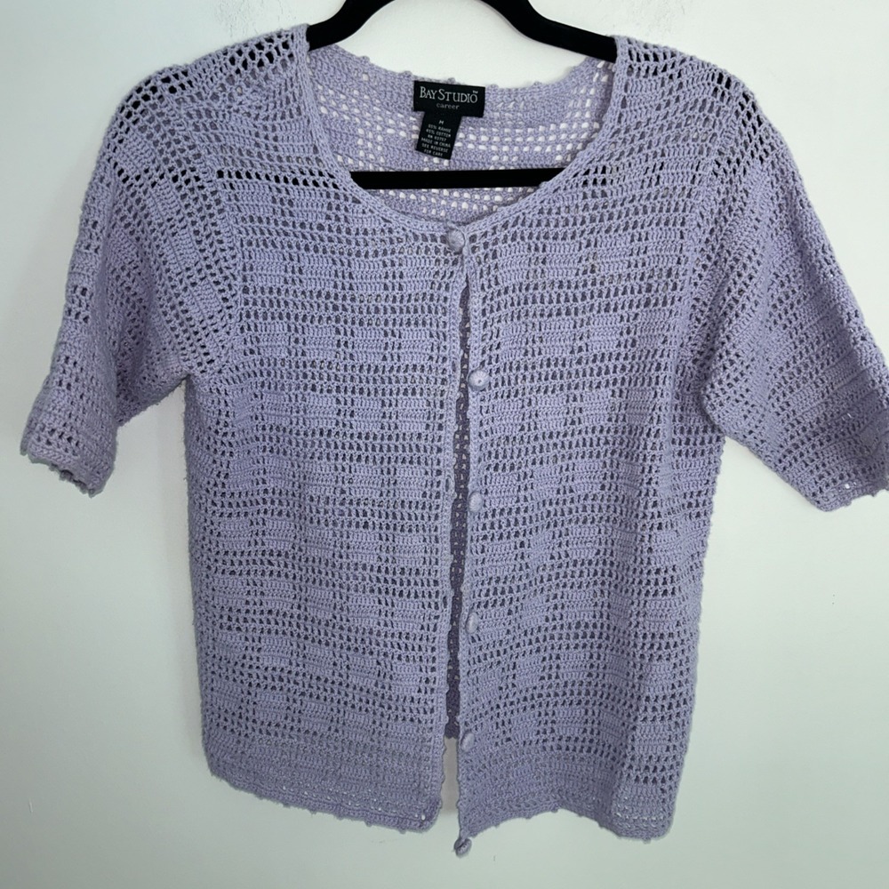 Bay Studio Boho Crochet Open Medium Short Sleeve Lavender Cropped Sweater‎